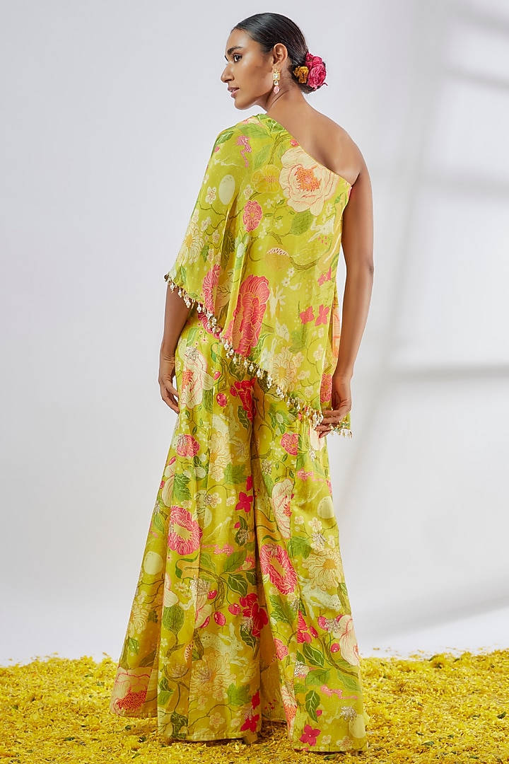 Yellow Tussar Embroidered Flared Pant Set by Gopi Vaid at Pernia's Pop Up Shop