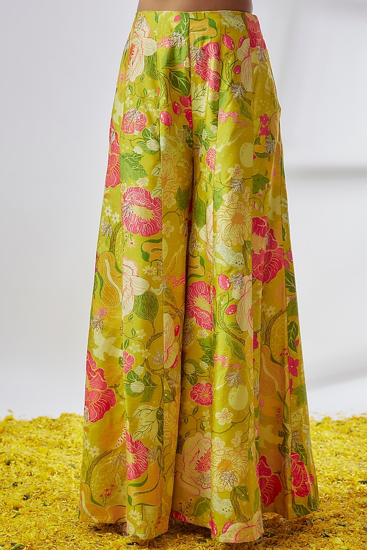 Yellow Tussar Embroidered Flared Pant Set by Gopi Vaid at Pernia's Pop Up Shop