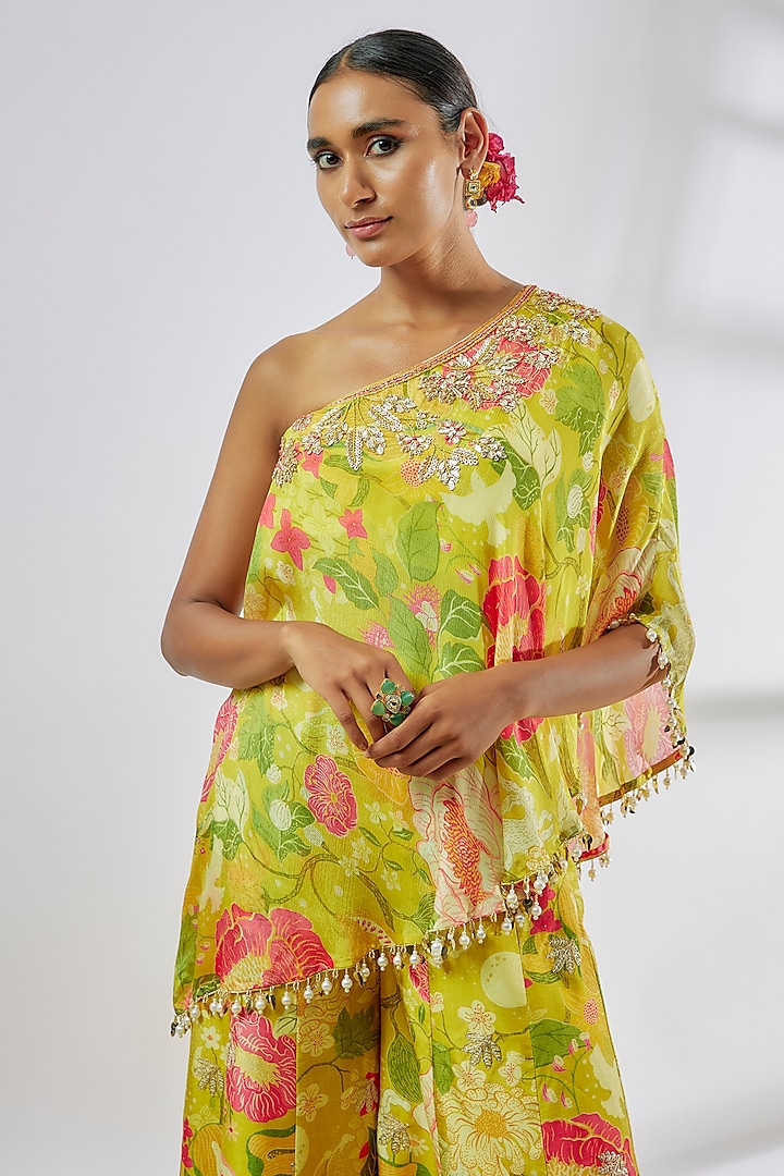 Yellow Tussar Embroidered Flared Pant Set by Gopi Vaid at Pernia's Pop Up Shop