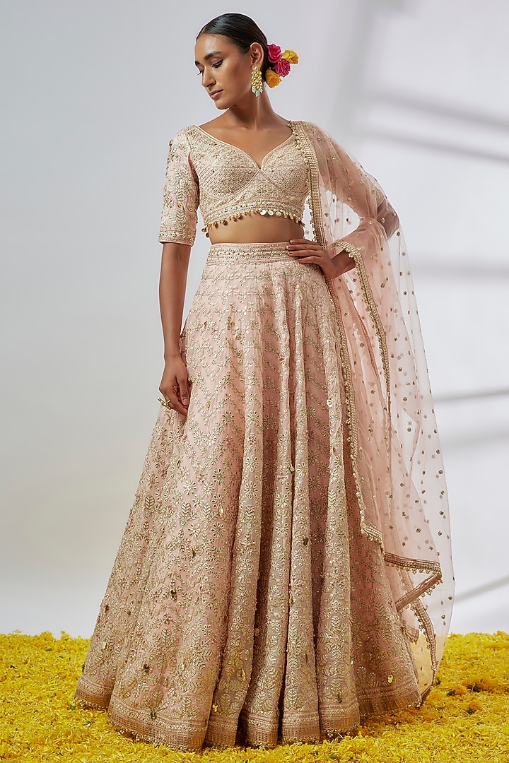 Blush Pink Organza Embroidered Wedding Lehenga Set by Gopi Vaid at Pernia's Pop Up Shop