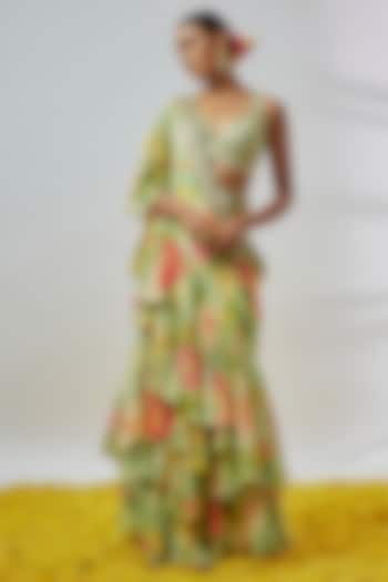 Mint Green Chiffon Floral Printed Ruffled Wedding Saree Set by Gopi Vaid at Pernia's Pop Up Shop