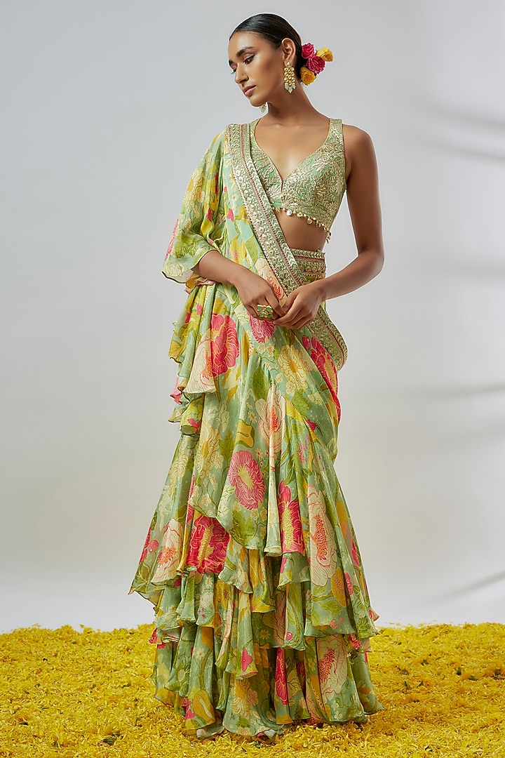 Mint Green Chiffon Floral Printed Ruffled Wedding Saree Set by Gopi Vaid at Pernia's Pop Up Shop