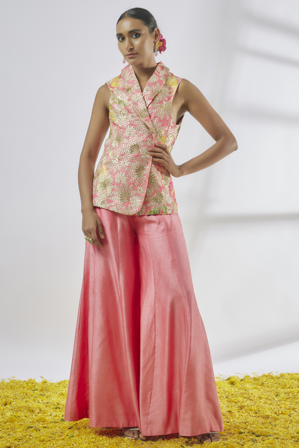 Pink Organza & Satin Floral Printed Jacket Set by Gopi Vaid at Pernia's Pop Up Shop
