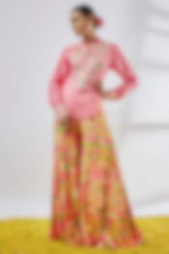Pink Tussar Floral Printed Pant Set by Gopi Vaid at Pernia's Pop Up Shop