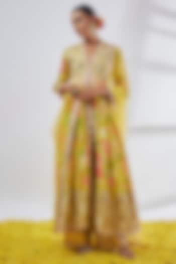 Yellow Chiffon Floral Printed Wedding Anarkali Set by Gopi Vaid at Pernia's Pop Up Shop