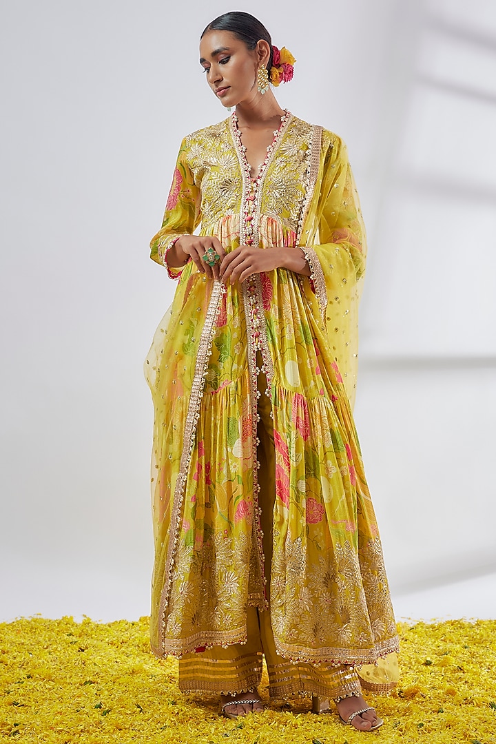 Yellow Chiffon Floral Printed Wedding Anarkali Set by Gopi Vaid at Pernia's Pop Up Shop