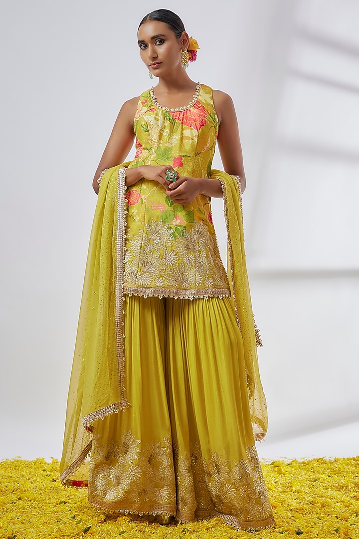 Yellow Chiffon Embroidered Wedding Sharara Set by Gopi Vaid at Pernia's Pop Up Shop