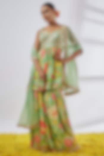Green Satin Floral Printed Wedding Sharara Set by Gopi Vaid at Pernia's Pop Up Shop