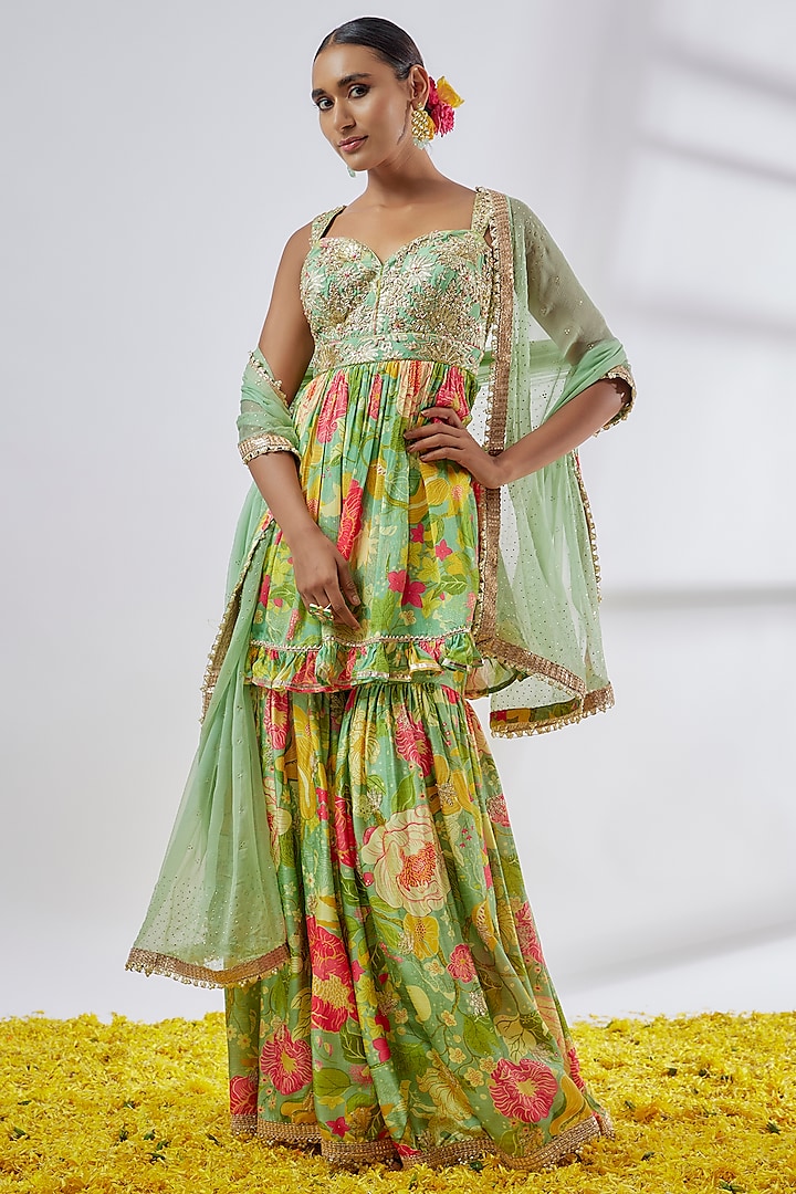 Green Satin Floral Printed Wedding Sharara Set by Gopi Vaid at Pernia's Pop Up Shop
