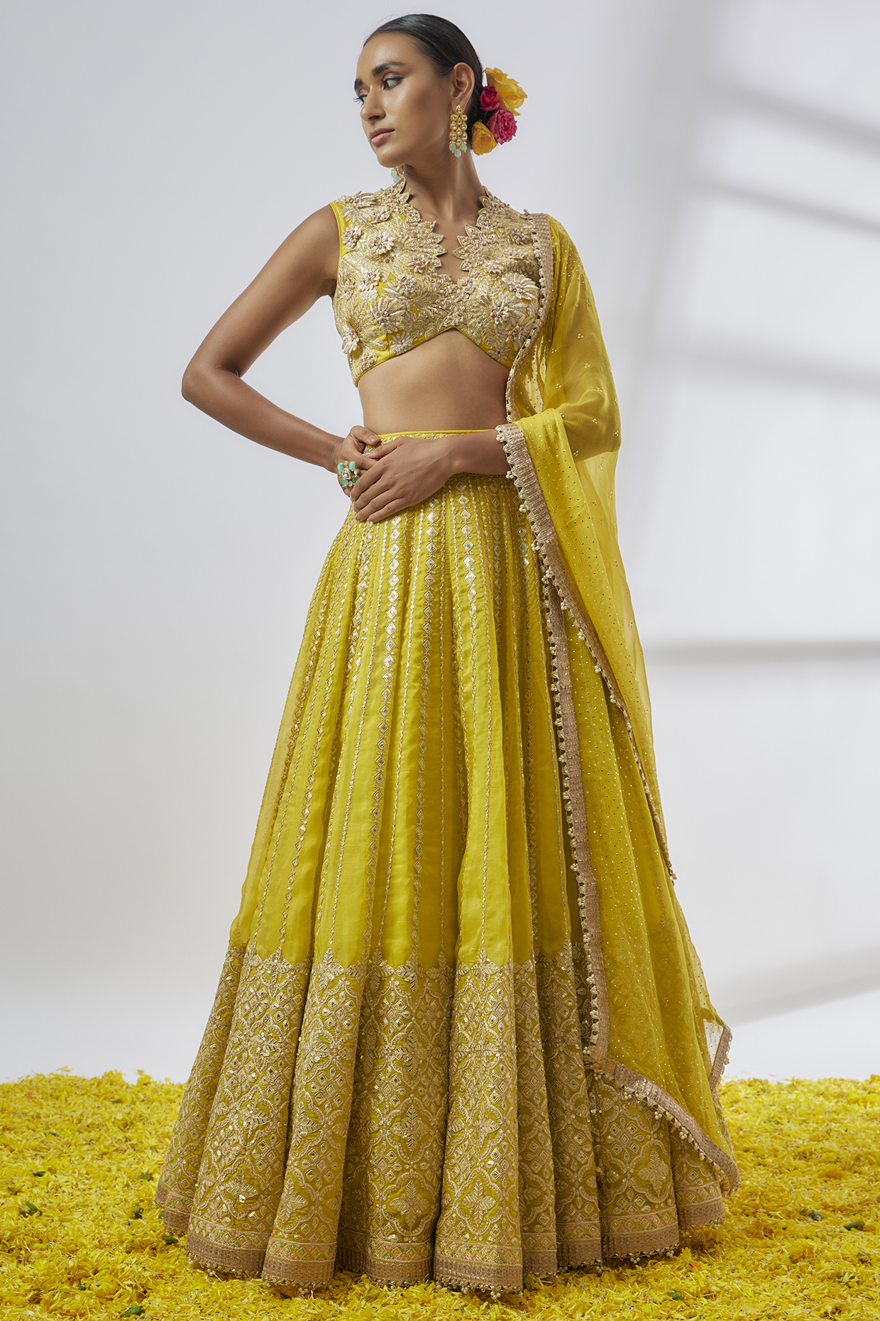 Yellow Organza Embroidered Wedding Lehenga Set by Gopi Vaid at Pernia's Pop Up Shop
