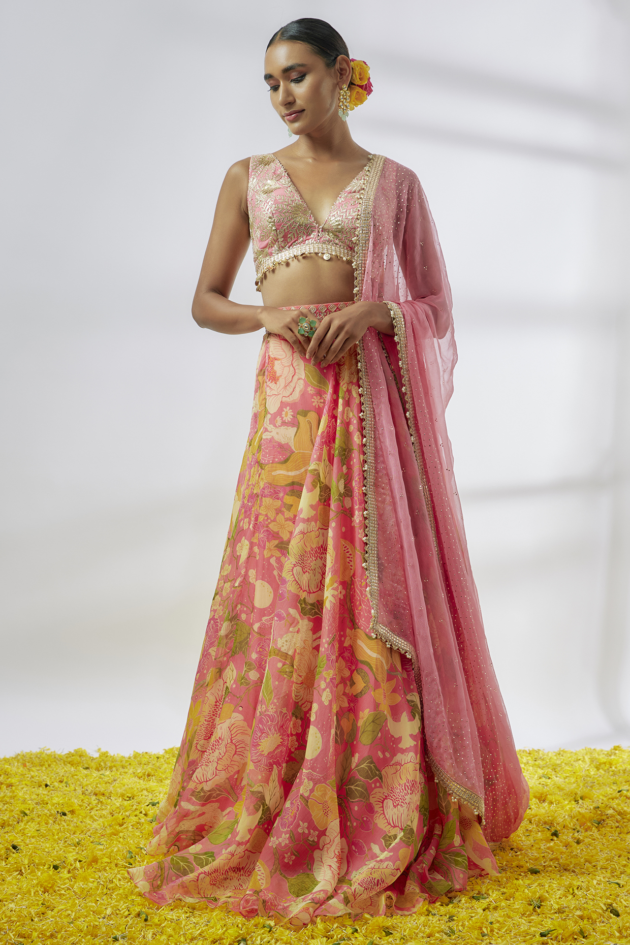 Pink Satin Floral Wedding Lehenga Set by Gopi Vaid at Pernia's Pop Up Shop