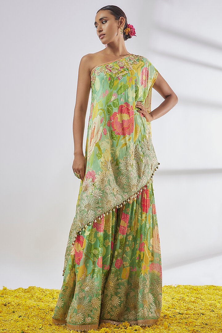 Green Chiffon Embroidered Wedding Sharara Set by Gopi Vaid at Pernia's Pop Up Shop