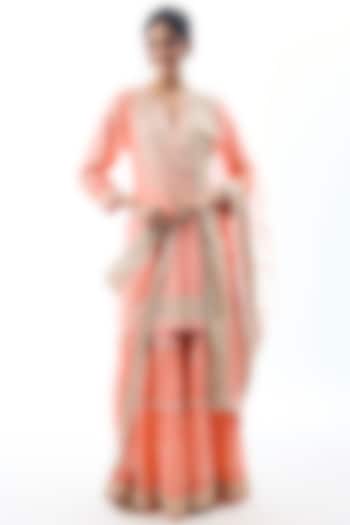 Coral Pink Cotton Embroidered Wedding Sharara Set by GOPI VAID at Pernia's Pop Up Shop