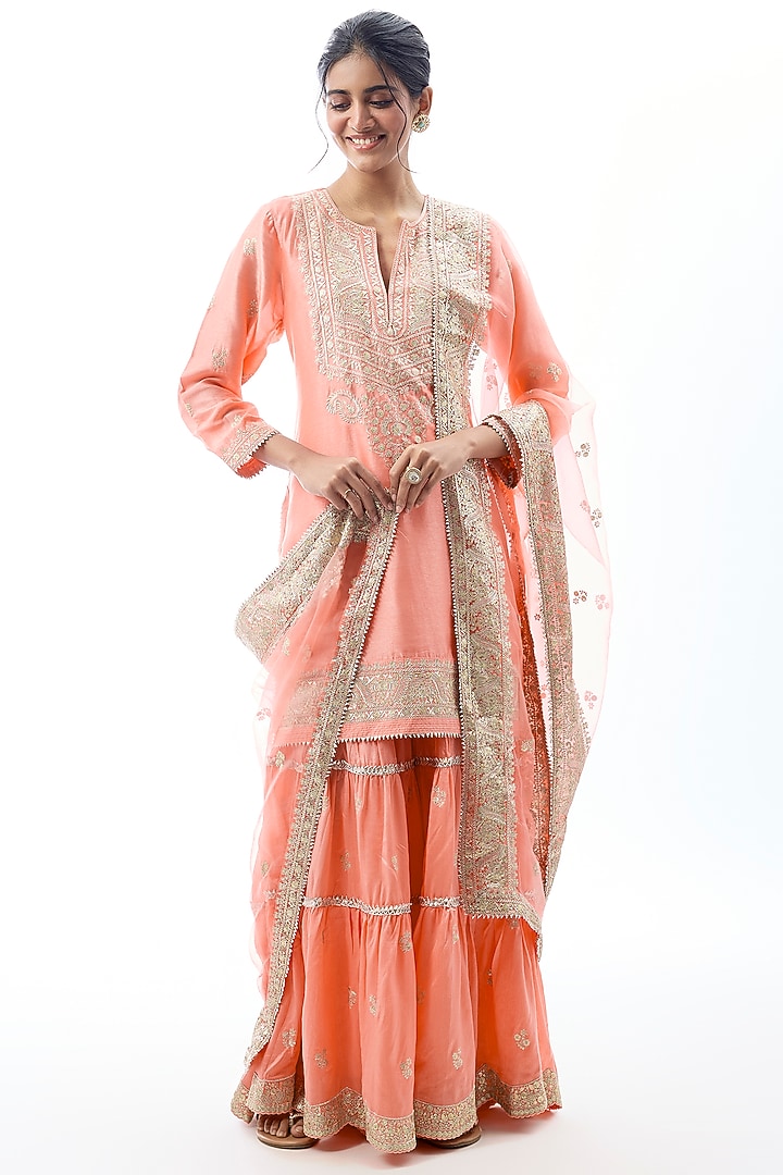 Coral Pink Cotton Embroidered Wedding Sharara Set by GOPI VAID at Pernia's Pop Up Shop