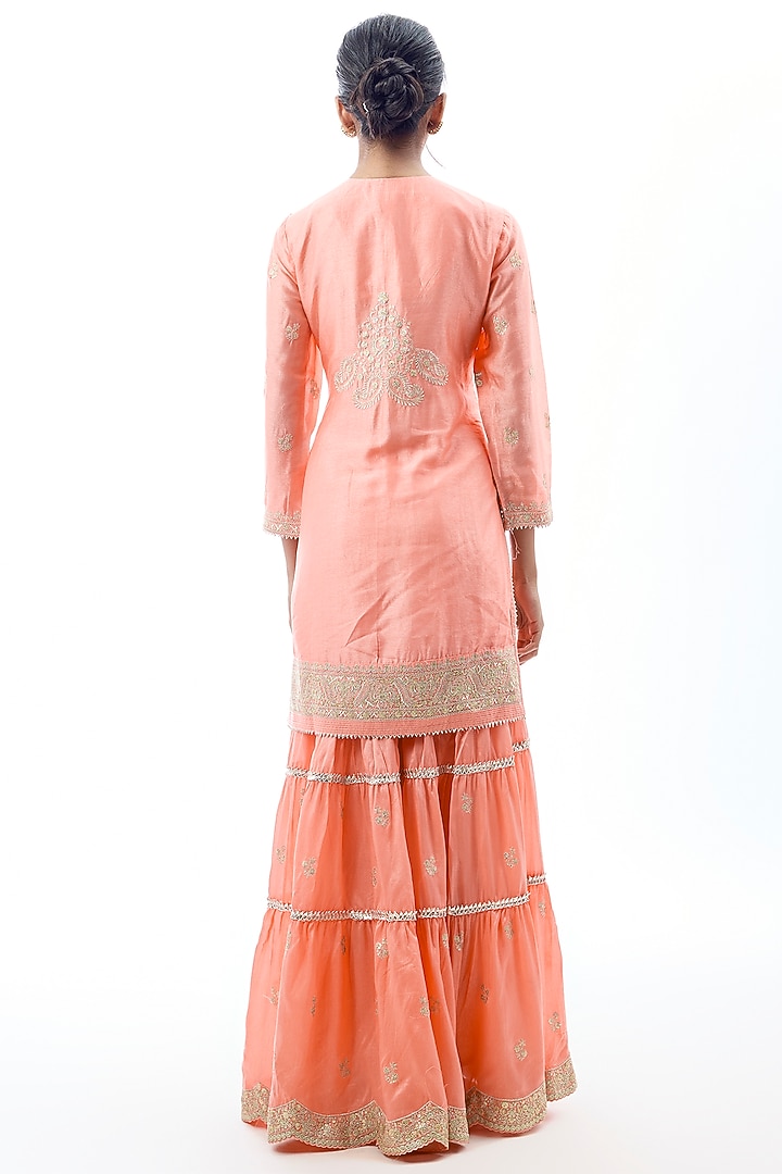 Coral Pink Cotton Embroidered Wedding Sharara Set by GOPI VAID at Pernia's Pop Up Shop