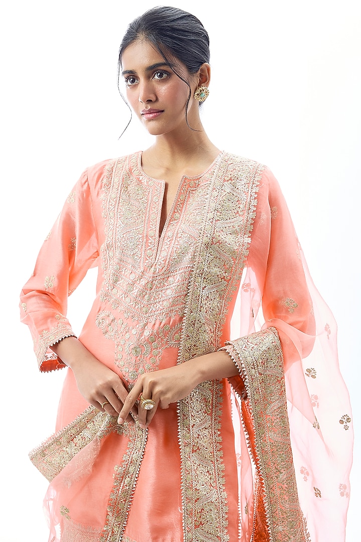 Coral Pink Cotton Embroidered Wedding Sharara Set by GOPI VAID at Pernia's Pop Up Shop