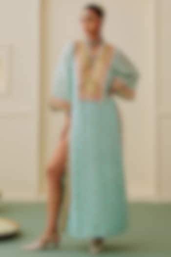 Aqua Blue Tussar Motif Embellished Kaftan Set by GOPI VAID at Pernia's Pop Up Shop