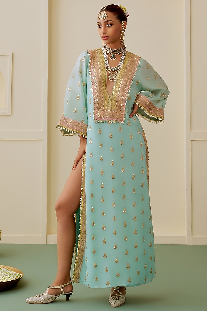 Aqua Blue Tussar Motif Embellished Kaftan Set by GOPI VAID at Pernia's Pop Up Shop