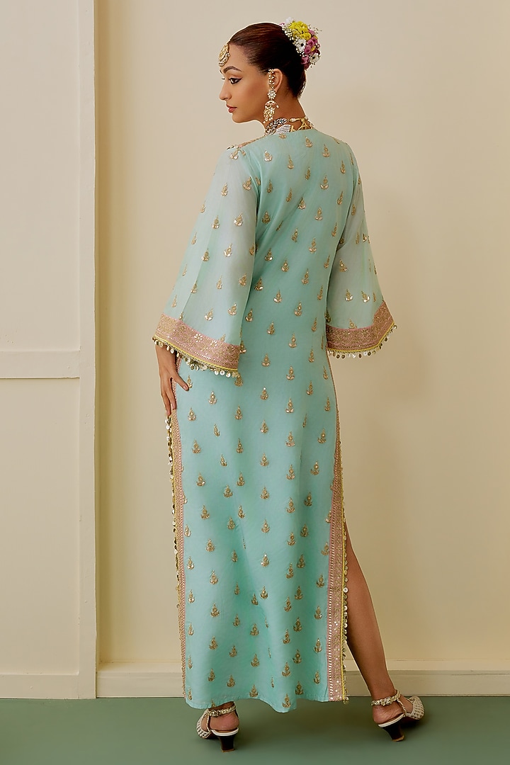 Aqua Blue Tussar Motif Embellished Kaftan Set by GOPI VAID at Pernia's Pop Up Shop