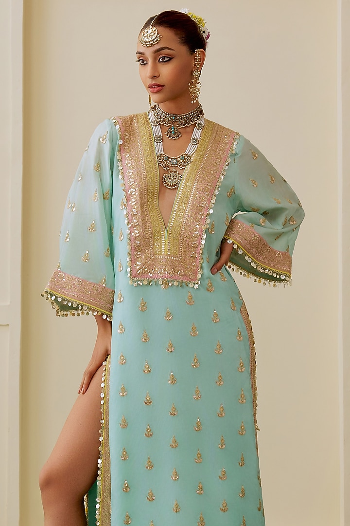 Aqua Blue Tussar Motif Embellished Kaftan Set by GOPI VAID at Pernia's Pop Up Shop