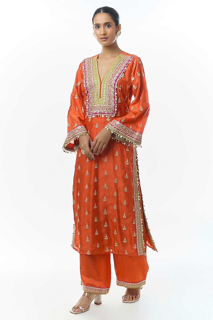 Orange Tussar Motifs Embroidered Kurta Set by Gopi Vaid at Pernia's Pop Up Shop