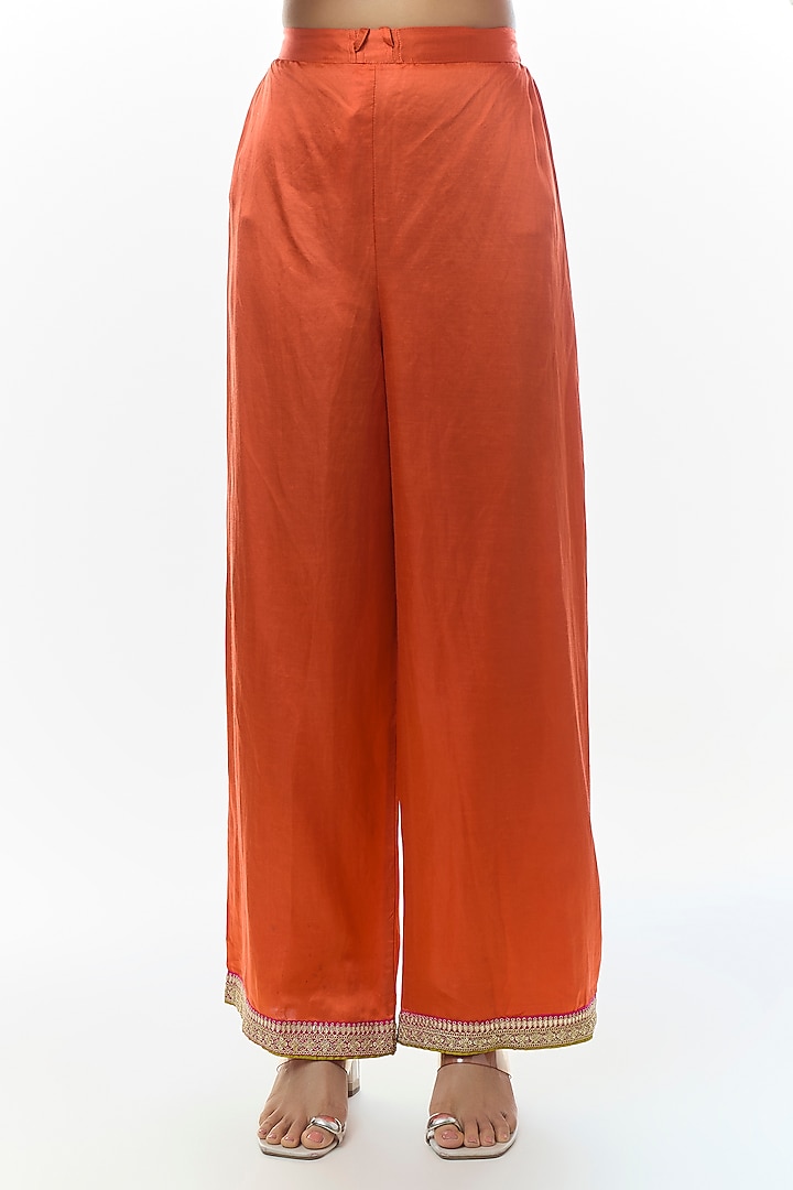 Orange Tussar Motifs Embroidered Kurta Set by Gopi Vaid at Pernia's Pop Up Shop