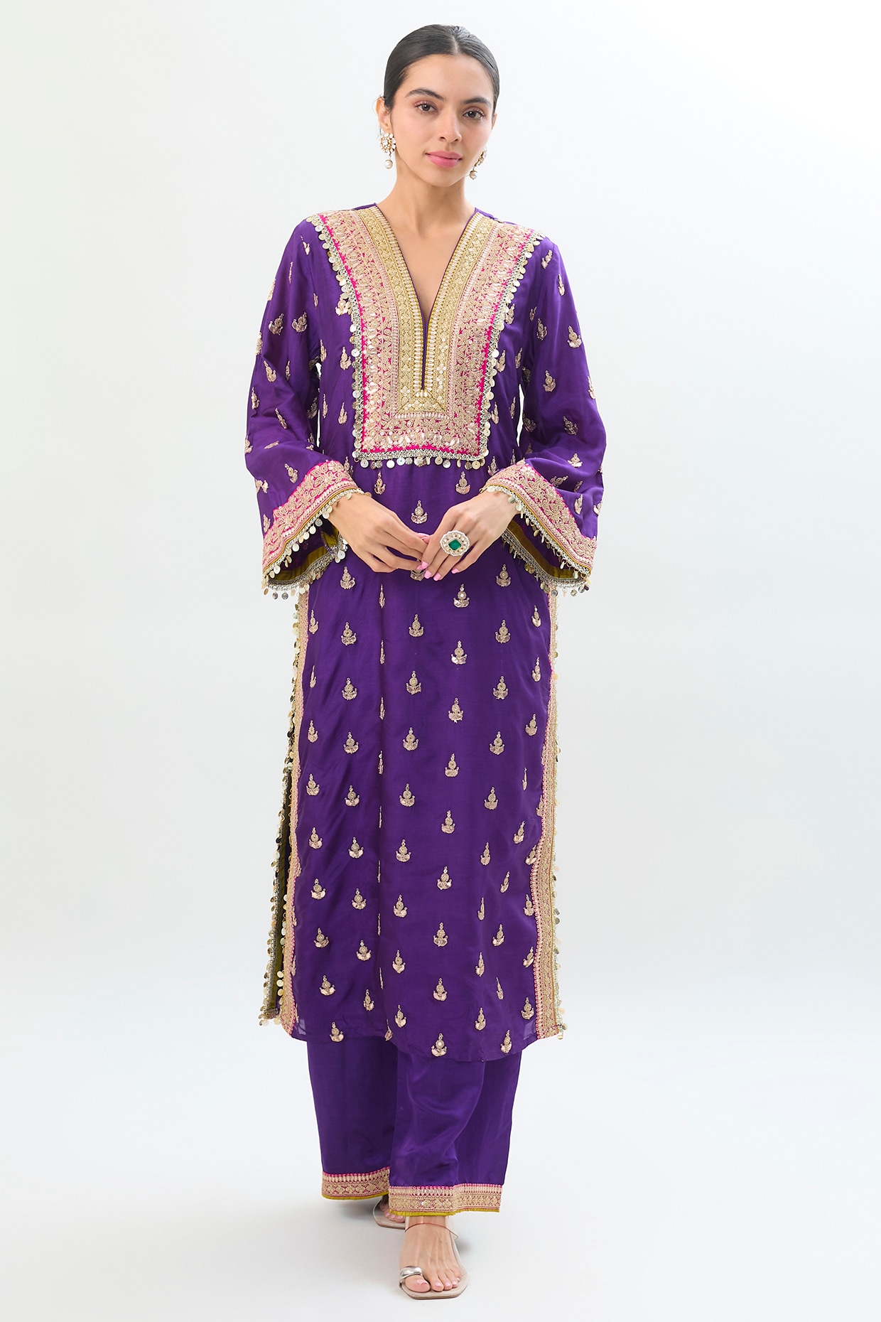 Gopi Vaid Purple Tussar Motif Embroidered Kurta Set