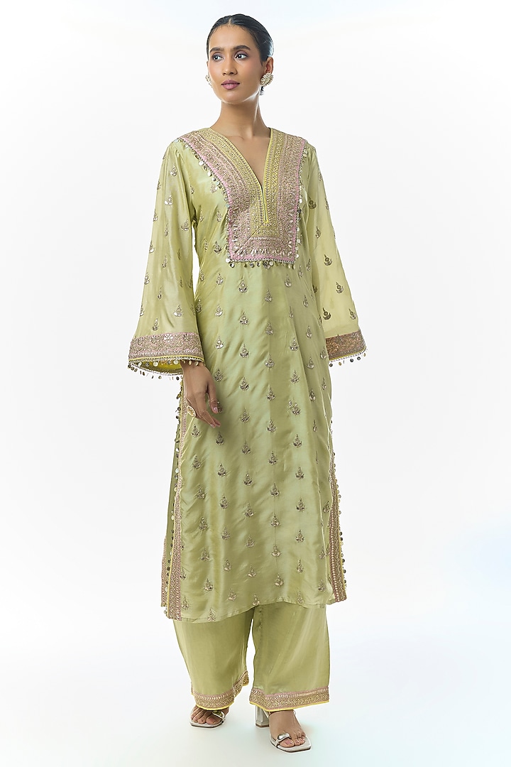 Pista Green Tussar Motifs Embroidered Kurta Set by Gopi Vaid at Pernia's Pop Up Shop