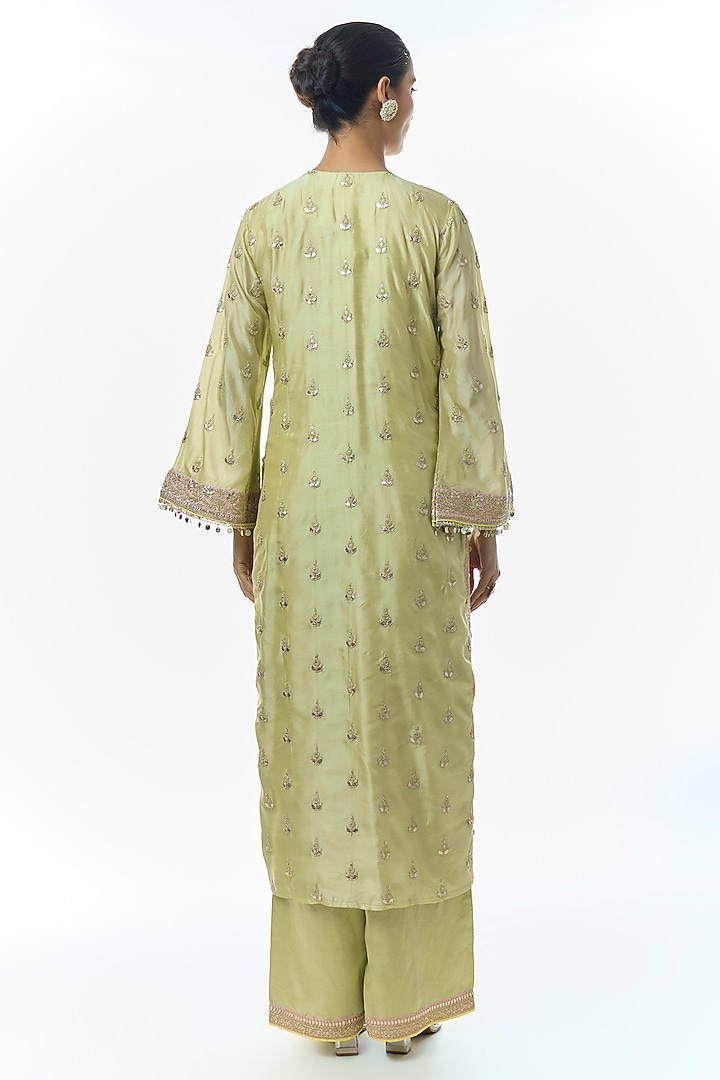 Pista Green Tussar Motifs Embroidered Kurta Set by Gopi Vaid at Pernia's Pop Up Shop