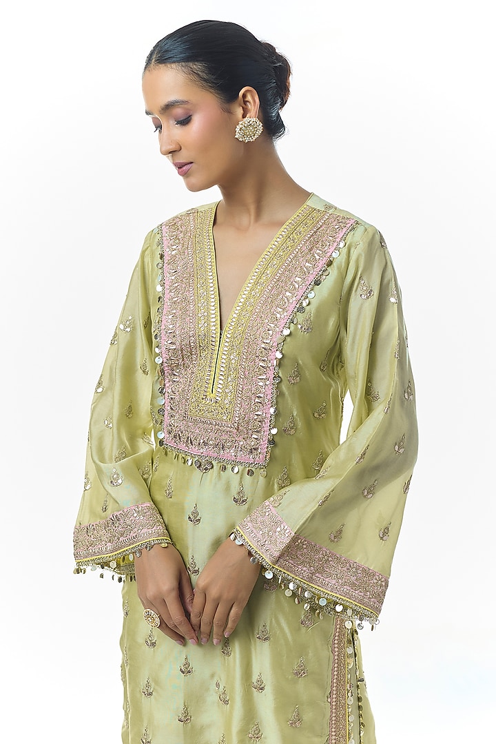 Pista Green Tussar Motifs Embroidered Kurta Set by Gopi Vaid at Pernia's Pop Up Shop