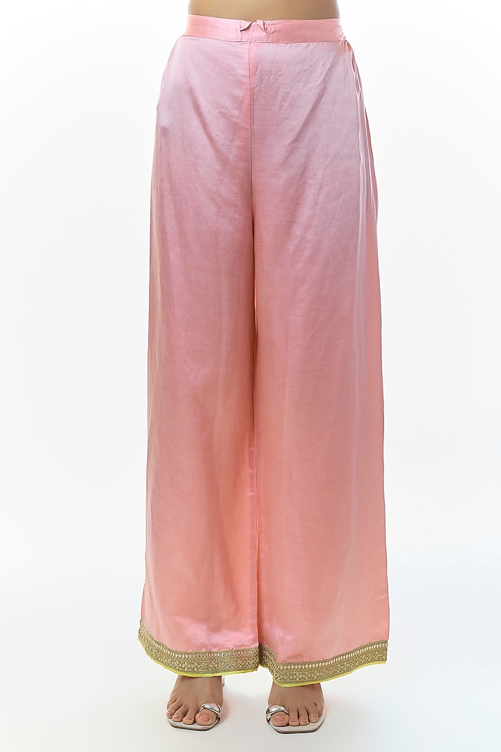 Pink Tussar Motifs Embroidered Kurta Set by Gopi Vaid at Pernia's Pop Up Shop