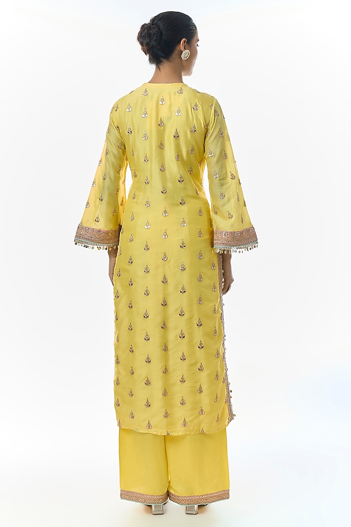 Yellow Tussar Motifs Embroidered Kurta Set by Gopi Vaid at Pernia's Pop Up Shop