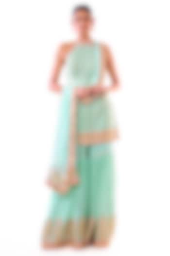 Ice Blue Georgette Embroidered Tiered Wedding Sharara Set by GOPI VAID at Pernia's Pop Up Shop