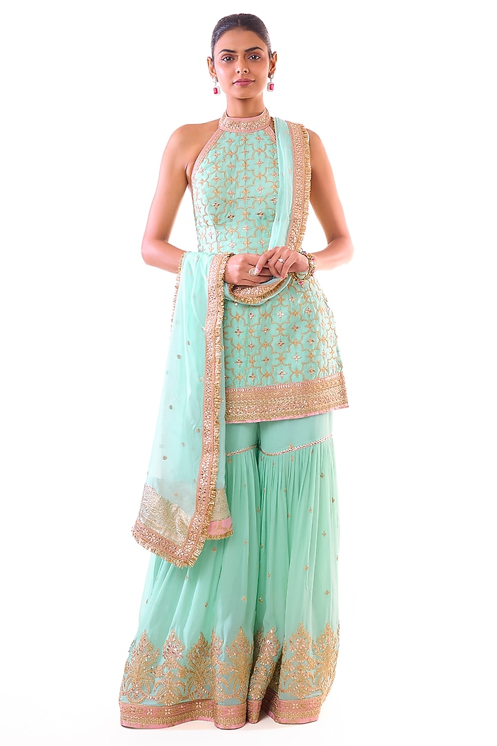Ice Blue Georgette Embroidered Tiered Wedding Sharara Set by GOPI VAID at Pernia's Pop Up Shop