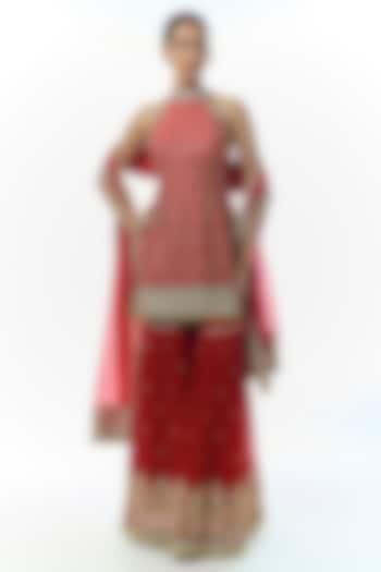 Red Georgette Embroidered Tiered Wedding Sharara Set by Gopi Vaid at Pernia's Pop Up Shop