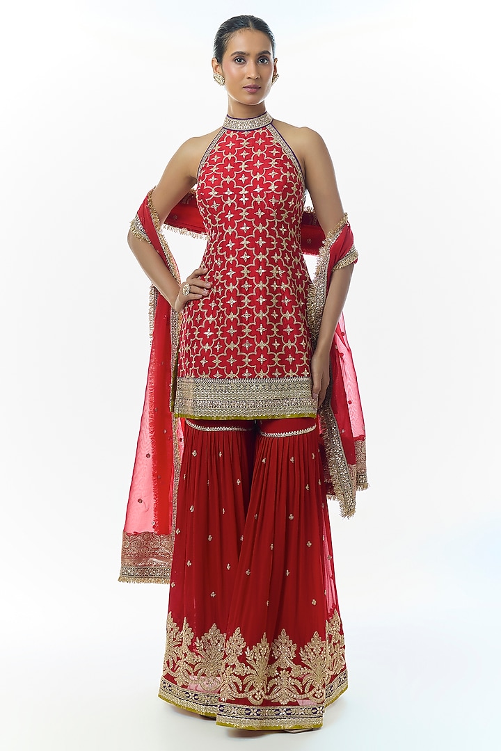 Red Georgette Embroidered Tiered Wedding Sharara Set by Gopi Vaid at Pernia's Pop Up Shop