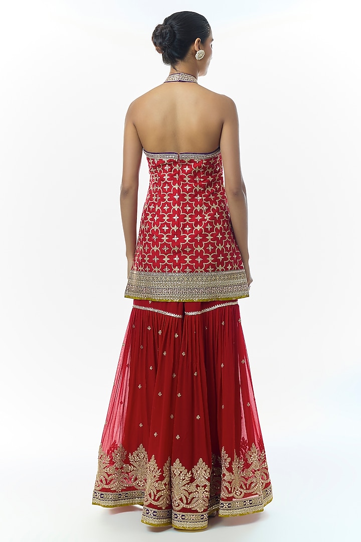 Red Georgette Embroidered Tiered Wedding Sharara Set by Gopi Vaid at Pernia's Pop Up Shop