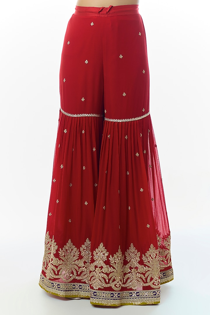 Red Georgette Embroidered Tiered Wedding Sharara Set by Gopi Vaid at Pernia's Pop Up Shop