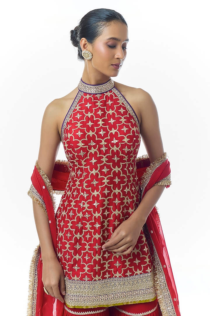 Red Georgette Embroidered Tiered Wedding Sharara Set by Gopi Vaid at Pernia's Pop Up Shop