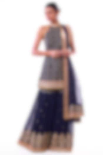 Navy Georgette Embroidered Tiered Wedding Sharara Set by GOPI VAID at Pernia's Pop Up Shop