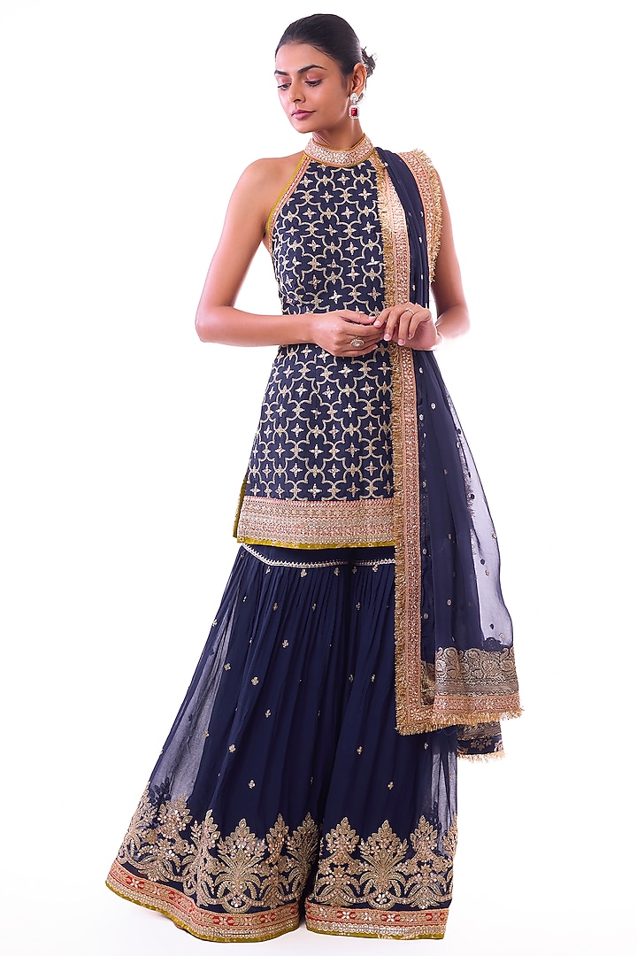 Navy Georgette Embroidered Tiered Wedding Sharara Set by GOPI VAID at Pernia's Pop Up Shop