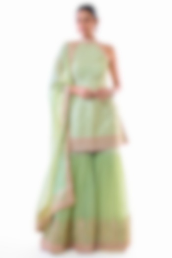 Pista Green Georgette Embroidered Tiered Wedding Sharara Set by GOPI VAID at Pernia's Pop Up Shop