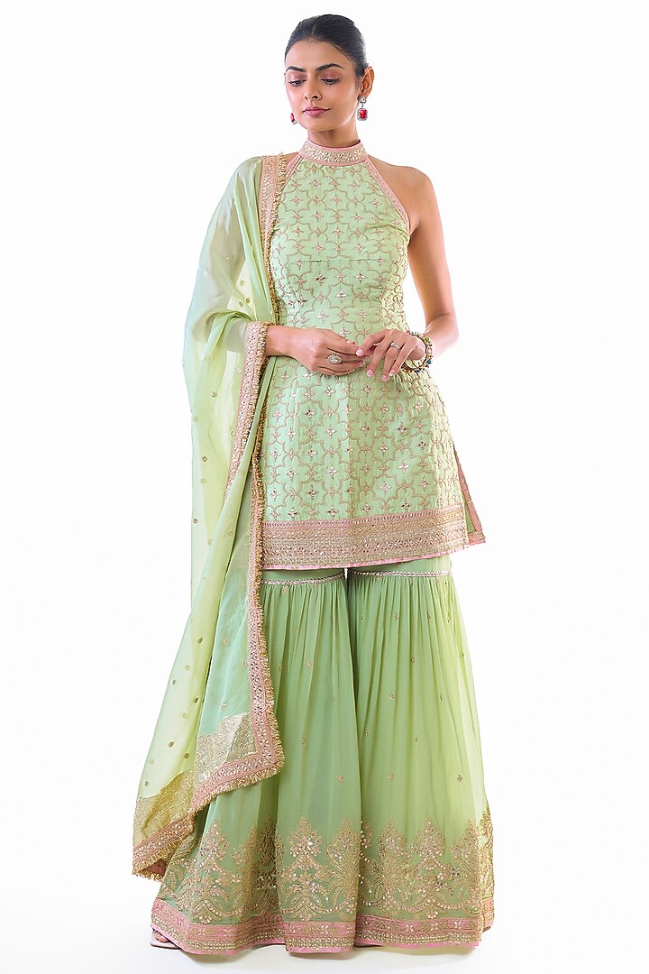 Pista Green Georgette Embroidered Tiered Wedding Sharara Set by GOPI VAID at Pernia's Pop Up Shop