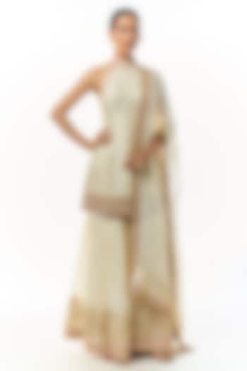 Ivory Georgette Embroidered Tiered Wedding Sharara Set by Gopi Vaid at Pernia's Pop Up Shop
