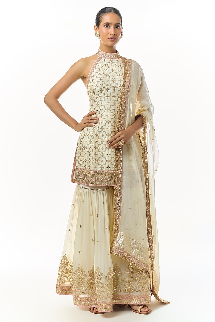 Ivory Georgette Embroidered Tiered Wedding Sharara Set by Gopi Vaid at Pernia's Pop Up Shop