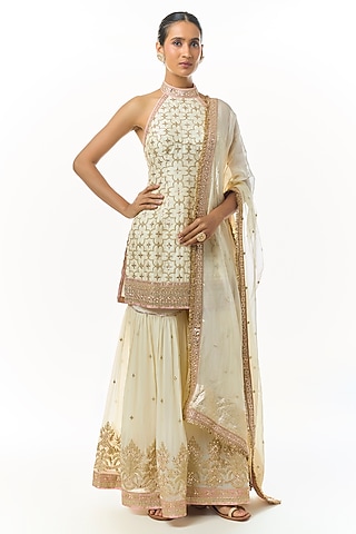 Ivory Georgette Embroidered Tiered Sharara Set by Gopi Vaid