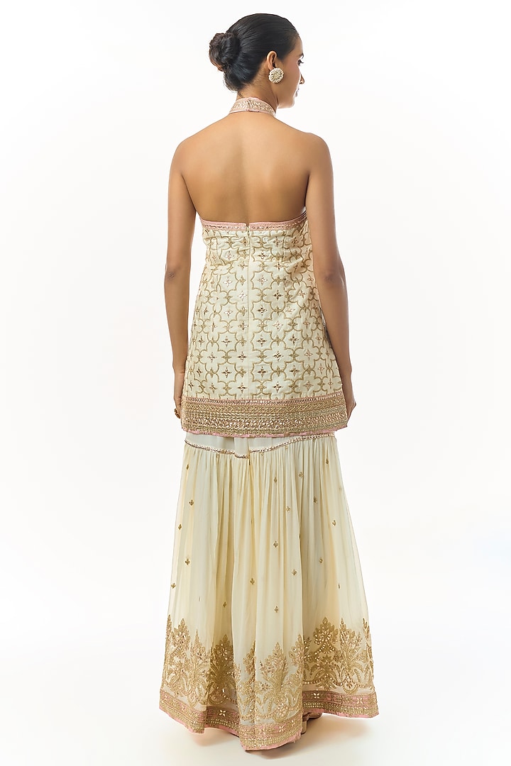 Ivory Georgette Embroidered Tiered Wedding Sharara Set by Gopi Vaid at Pernia's Pop Up Shop