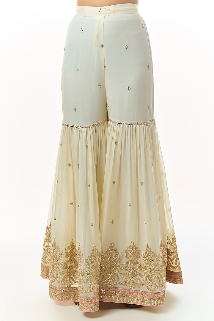 Ivory Georgette Embroidered Tiered Wedding Sharara Set by Gopi Vaid at Pernia's Pop Up Shop