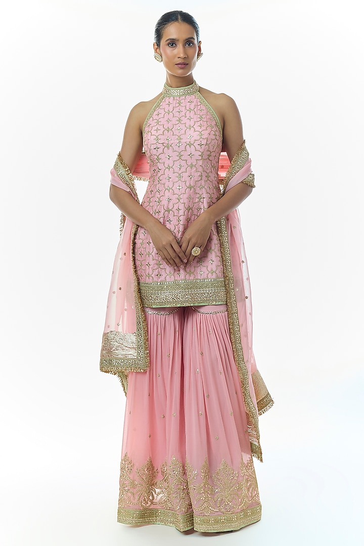 Pink Georgette Embroidered Tiered Wedding Sharara Set by Gopi Vaid at Pernia's Pop Up Shop