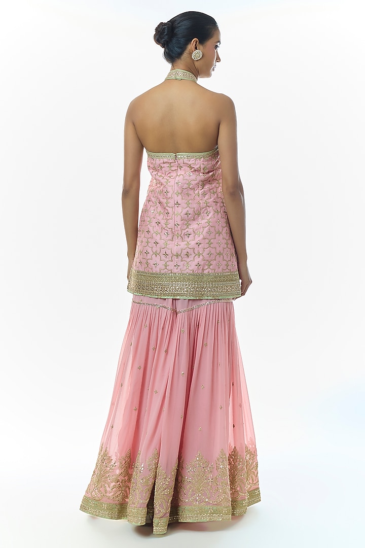 Pink Georgette Embroidered Tiered Wedding Sharara Set by Gopi Vaid at Pernia's Pop Up Shop
